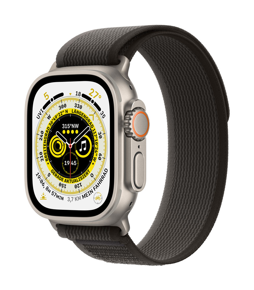 Купить Apple Watch Ultra - 49 mm - Titan - intelligente Uhr mit Trail Loop - soft double-layer nylon - black/gray - Bandgröße: M/L - 32 GB - Wi-Fi, LTE, UWB, Bluetooth - 4G - 61.3 g (MQFX3FD/A) в магазине wardena.ru