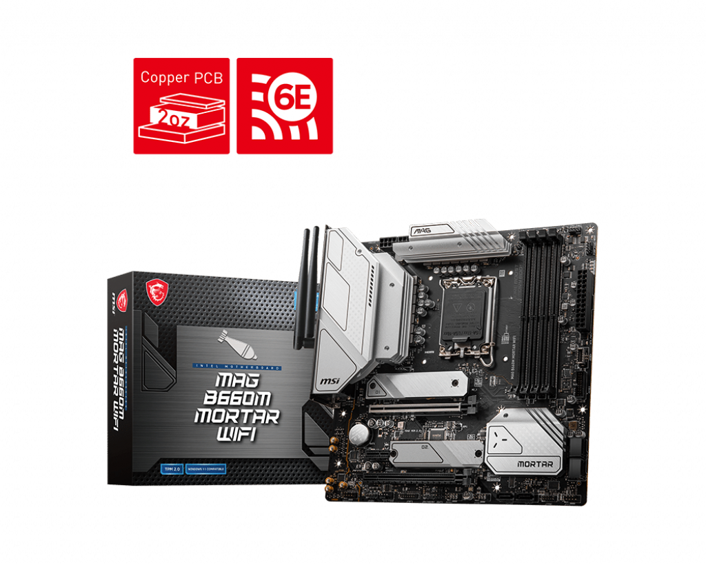 Купить MSI MAG B660M MORTAR WIFI - Motherboard - micro ATX - LGA1700-Sockel - B660 Chipsatz - USB-C Gen2, USB 3.2 Gen 1, USB 3.2 Gen 2, USB-C Gen 2x2 - 2.5 Gigabit LAN, Wi-Fi, Bluetooth - Onboard-Grafik (CPU erforderlich) - HD (7D42-002R) в магазине wardena.ru