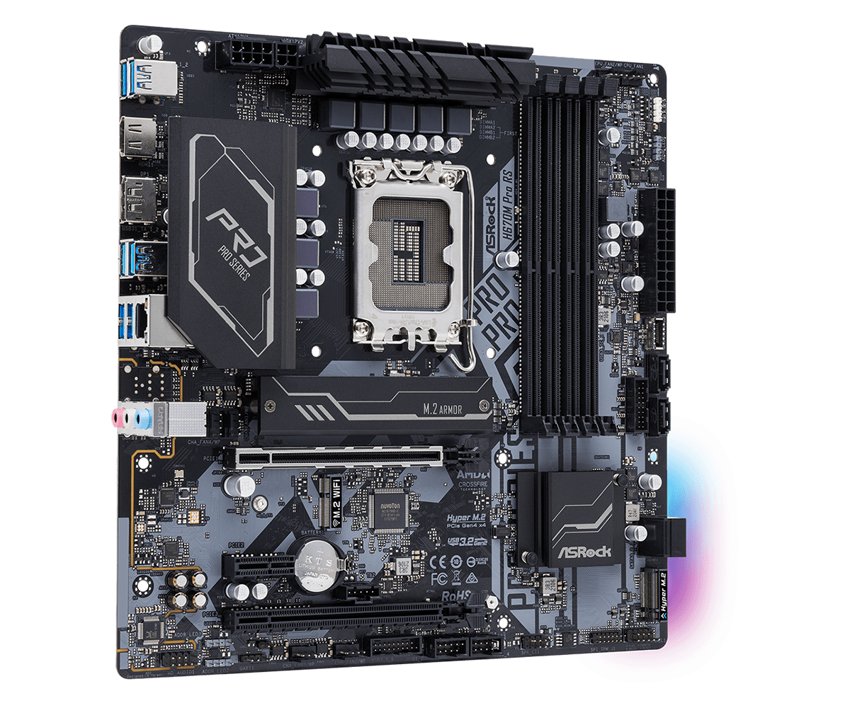 Купить ASRock H670M Pro RS - Motherboard - micro ATX - LGA1700-Sockel - H670 Chipsatz - USB-C Gen1, USB 3.2 Gen 1, USB 3.2 Gen 2 - Gigabit LAN - Onboard-Grafik (CPU erforderlich) - HD Audio (8-Kanal) (90-MXBHK0-A0UAYZ) в магазине wardena.ru