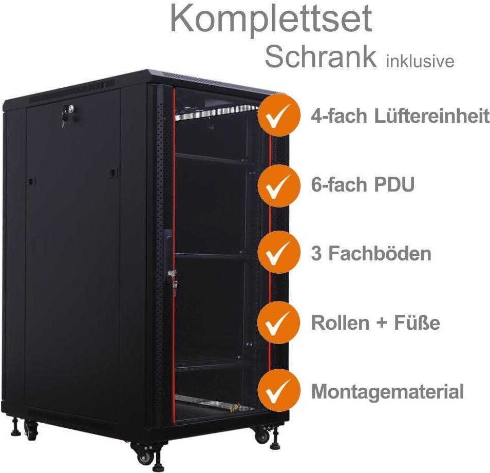 Купить IT-BUDGET 19"-Netzwerkschrank SRK - Komplettset - 22 HE - BxT 600x800 mm - Sicht-/Vollblechtür - 4 Aktiv-Lüfter - PDU - Fachböden - montiert - schwarz (99ITB19SRK2268GSM) в магазине wardena.ru