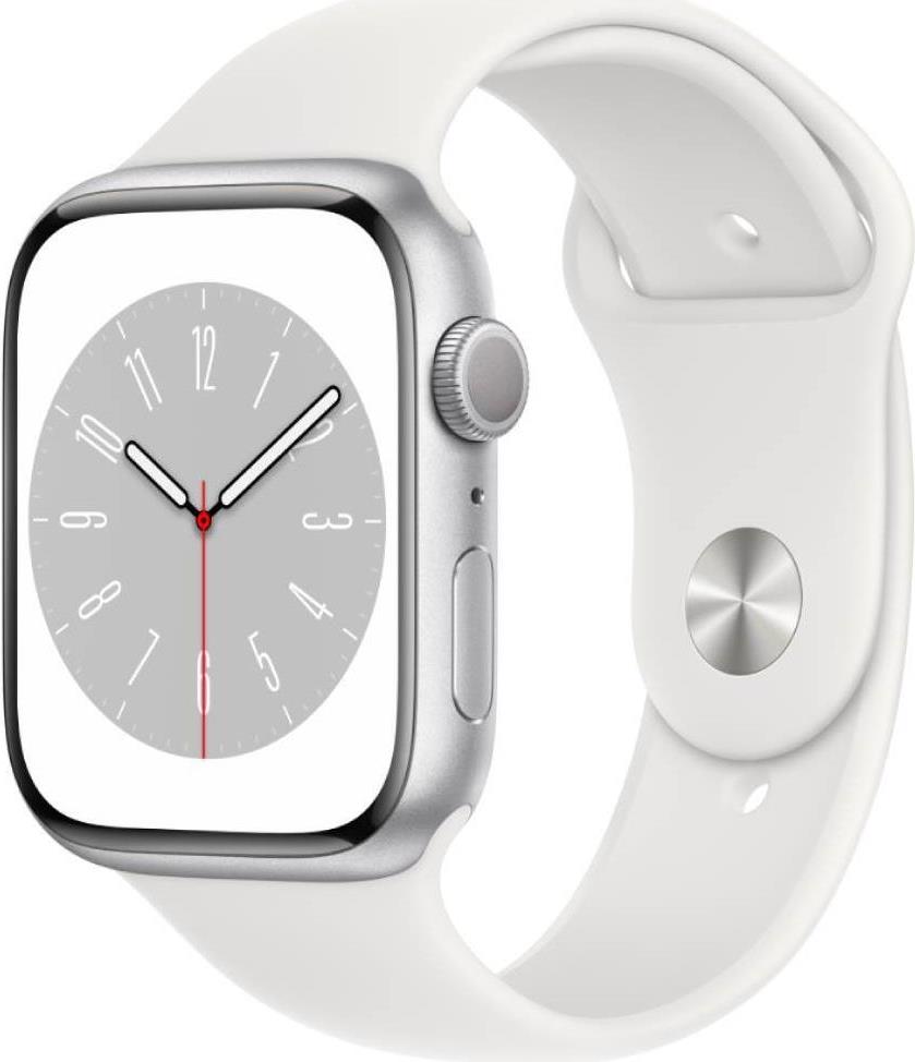 Купить Apple Watch Series 8 (GPS) - 45 mm - Aluminium, Silber - intelligente Uhr mit Sportband - Flouroelastomer - weiß - Bandgröße: regelmäßig - 32GB - Wi-Fi, Bluetooth - 38,8 g (MP6N3FD/A) в магазине wardena.ru