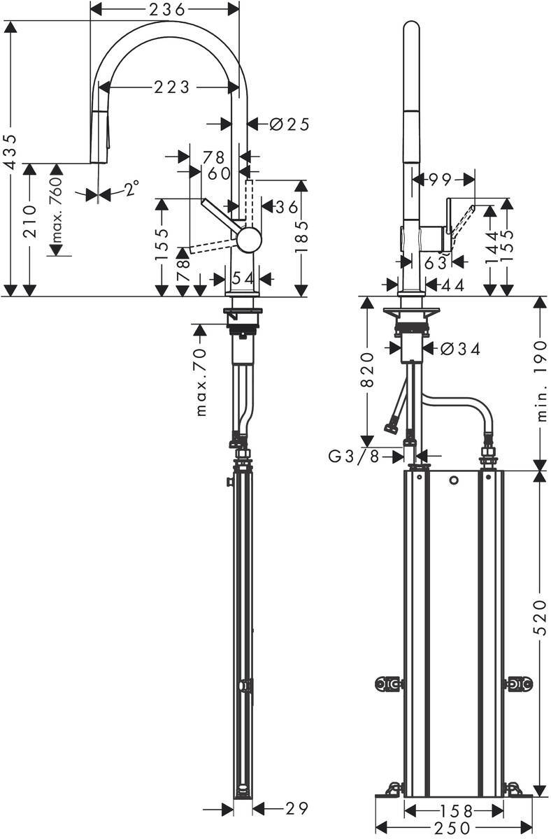 Купить Hansgrohe Talis M54 Кухонный смеситель однорычажный 210 с вытяжным душем 2jet sBox сталь 72801800 в магазине wardena.ru