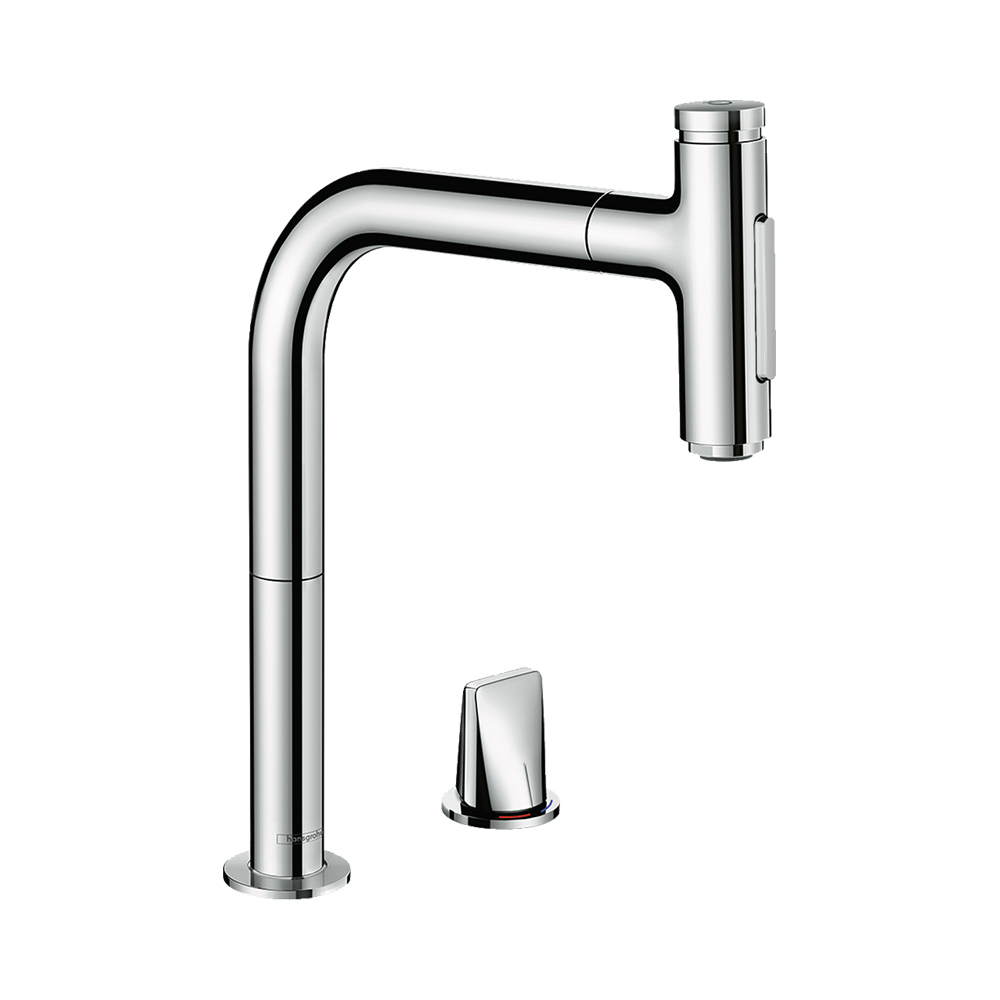 Купить Hansgrohe Metris Select M71 Кухонный смеситель на 2 отверстия однорычажный 200 с вытяжным душем 2jet sBox сталь 73818800 в магазине wardena.ru