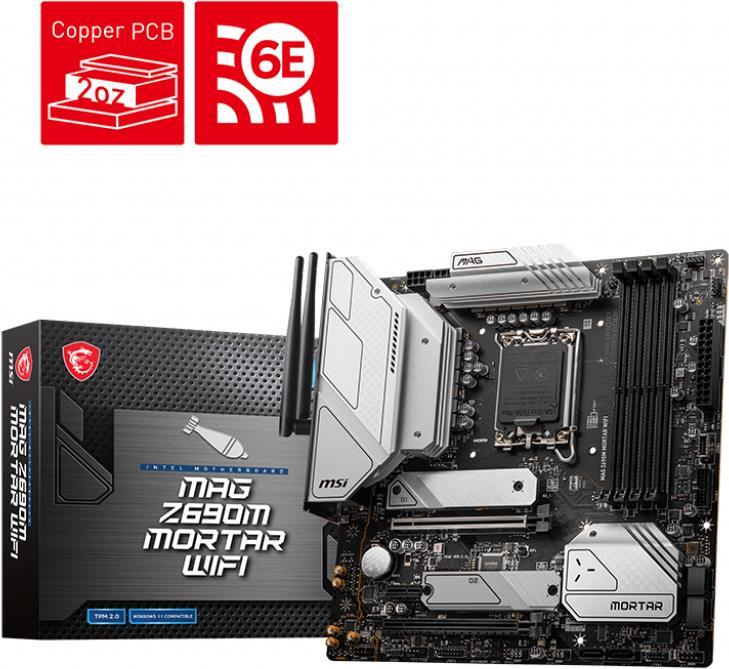 Купить MSI MAG Z690M MORTAR WIFI - Motherboard - micro ATX - LGA1700-Sockel - Z690 Chipsatz - USB-C Gen2, USB 3.2 Gen 1, USB 3.2 Gen 2, USB-C Gen 2x2 - 2.5 Gigabit LAN, Wi-Fi, Bluetooth - Onboard-Grafik (CPU erforderlich) - HD (7D42-014R) в магазине wardena.ru