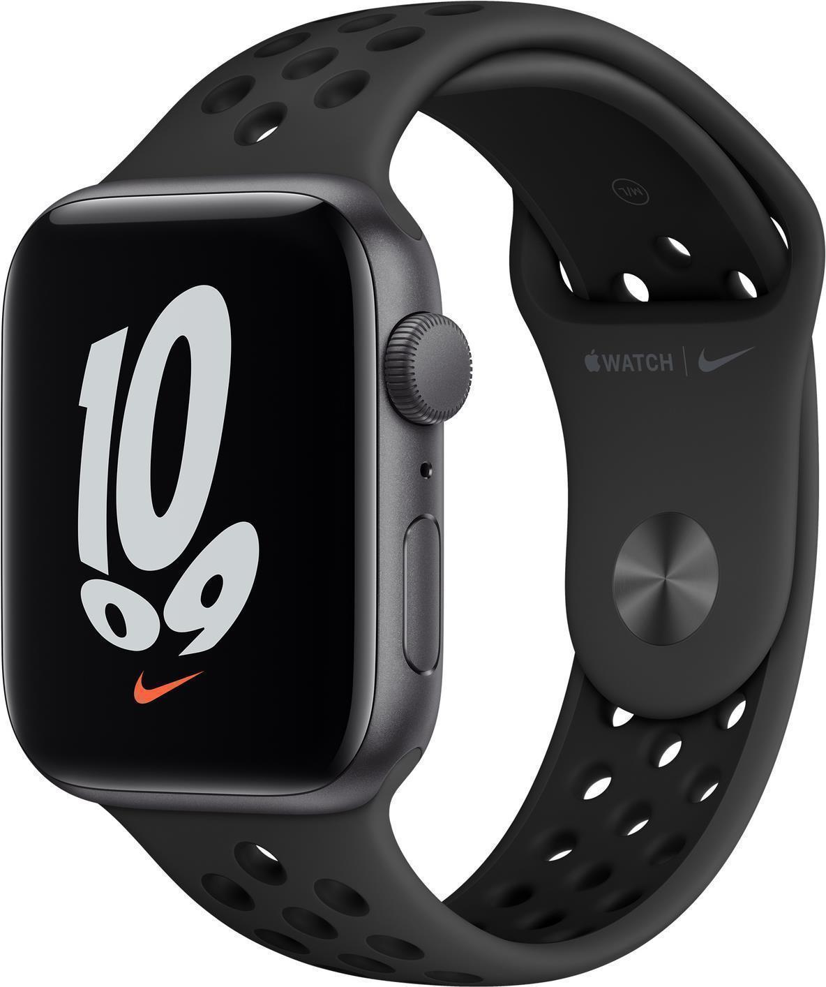 Купить Apple Watch Nike SE (GPS) - 44 mm - Space grau Aluminium - intelligente Uhr mit Nike Sportband - Flouroelastomer - anthrazit/schwarz - Bandgröße: S/M/L - 32GB - Wi-Fi, Bluetooth - 36,2 g (MKQ83FD/A) в магазине wardena.ru