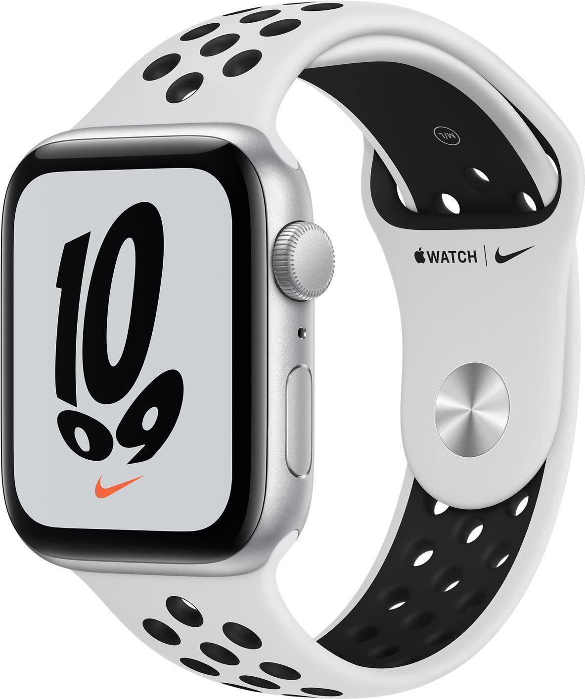Купить Apple Watch Nike SE (GPS) - 44 mm - Aluminium, Silber - intelligente Uhr mit Nike Sportband - Flouroelastomer - pures Platin/schwarz - Bandgröße: S/M/L - 32 GB - Wi-Fi, Bluetooth - 36.2 g (MKQ73FD/A) в магазине wardena.ru