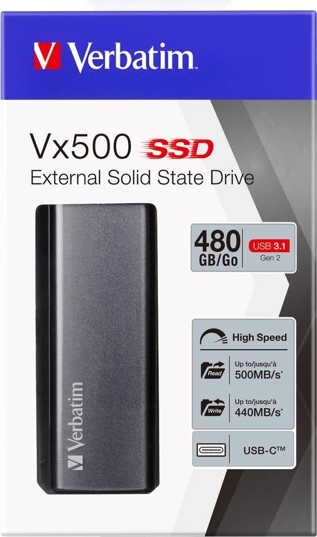 Купить Verbatim Vx500 - SSD - 480 GB - extern (tragbar) - USB 3.1 Gen 2 (USB-C Steckverbinder) - Space-grau (47443) в магазине wardena.ru