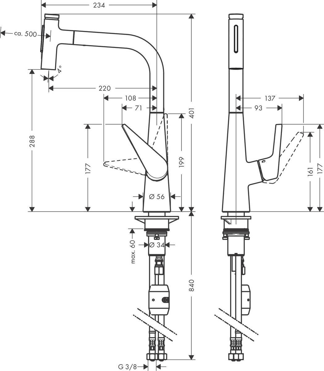 Купить Hansgrohe Talis Select M51 Кухонный смеситель однорычажный 300 с вытяжным душем 2jet сталь 72823800 в магазине wardena.ru