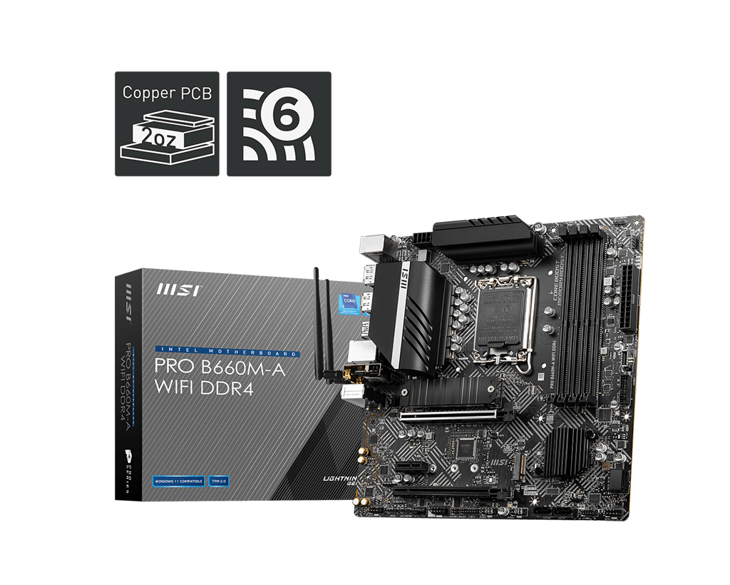 Купить MSI PRO B660M-A WIFI DDR4 - Motherboard - micro ATX - LGA1700-Sockel - B660 Chipsatz - USB-C Gen1, USB 3,2 Gen 1, USB 3,2 Gen 2 - 2,5 Gigabit LAN, Wi-Fi, Bluetooth - Onboard-Grafik (CPU erforderlich) - HD Audio (8-Kanal) (7D43-002R) в магазине wardena.ru