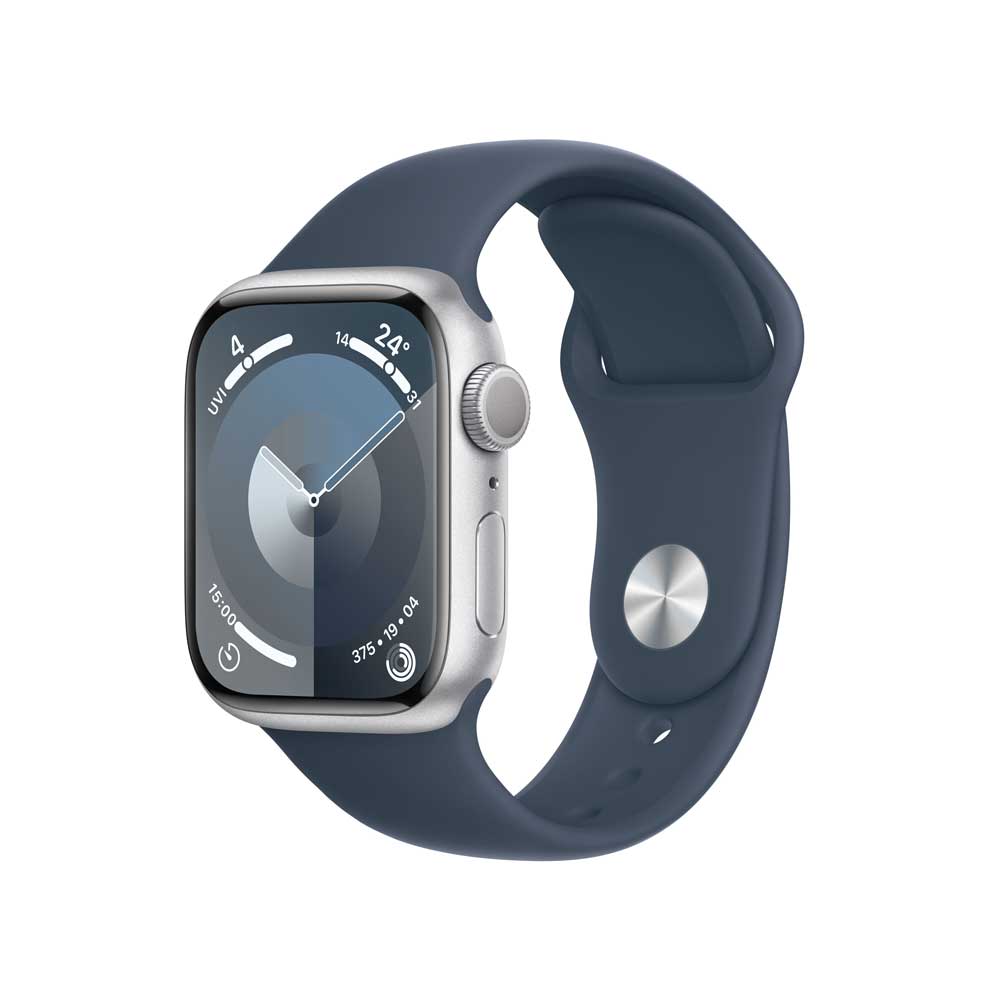 Купить APPLE Watch Series 9 GPS 41mm Silver Aluminium Case with Storm Blue Sport Band - M/L (MR913QF/A) в магазине wardena.ru