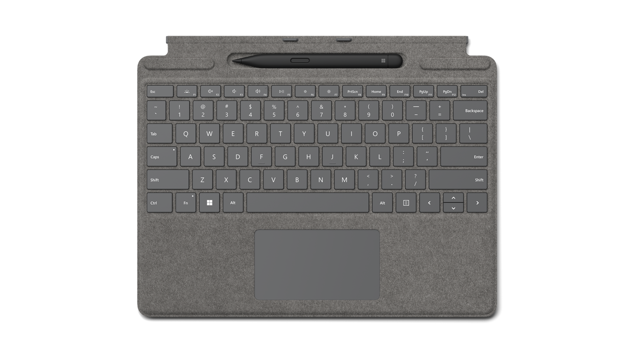 Купить Microsoft Surface Pro Signature Keyboard - Tastatur - mit Touchpad, Beschleunigungsmesser, Surface Slim Pen 2 Ablage- und Ladeschale - QWERTY - Englisch - Platin - kommerziell - mit Slim Pen 2 - für Surface Pro 8, Pro X (8X8-00063) в магазине wardena.ru