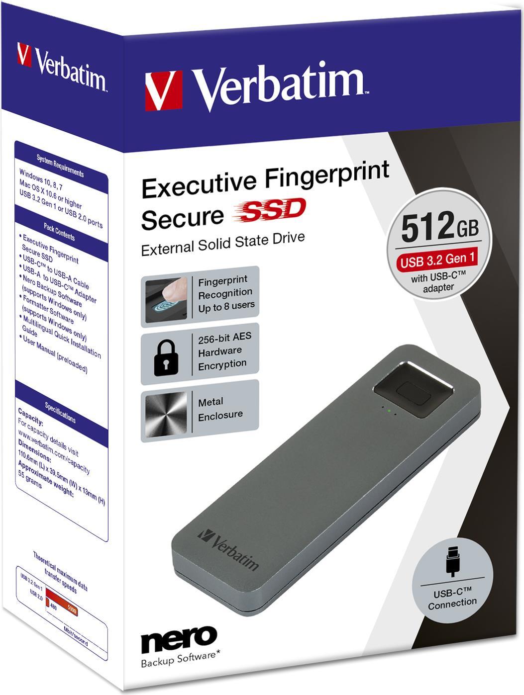 Купить Verbatim Executive Fingerprint Secure - SSD - verschlüsselt - 512GB - extern (tragbar) - USB 3,2 Gen 1 (USB-C Steckverbinder) - 256-Bit-AES (53656) в магазине wardena.ru