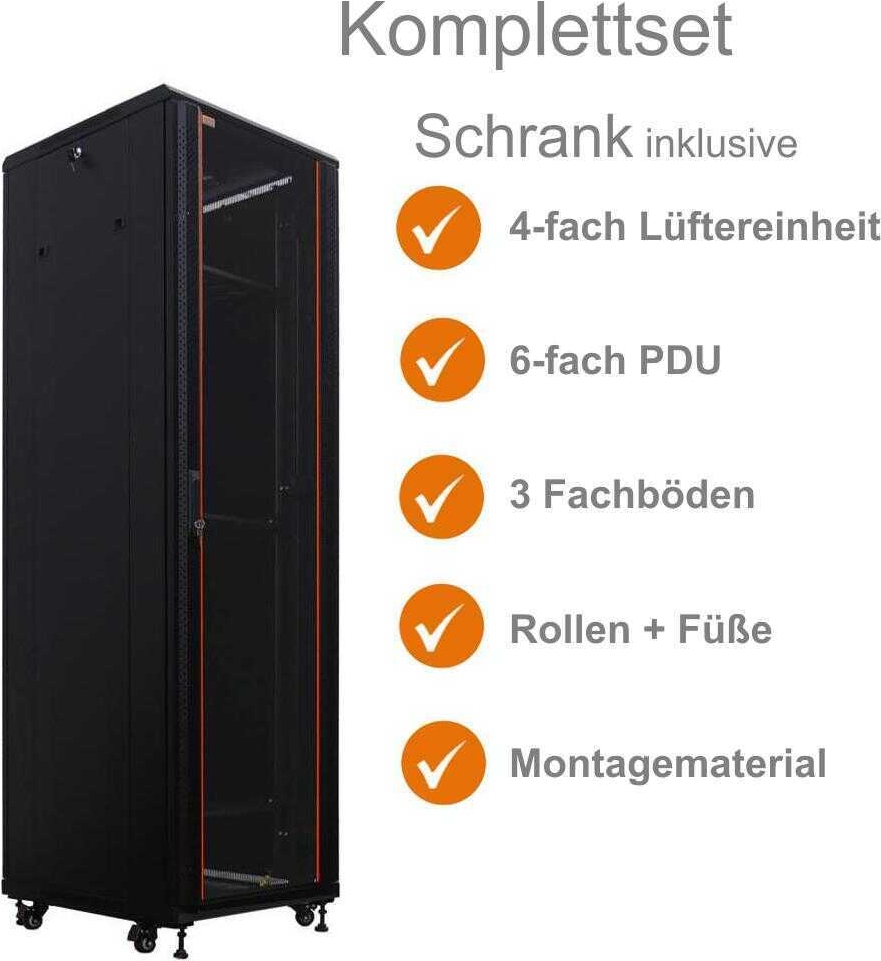Купить IT-BUDGET 19"-Netzwerkschrank SRK - Komplettset - 42 HE - BxT 600x600 mm - Sicht-/Vollblechtür - 4 Aktiv-Lüfter - PDU - Fachböden - Flatpack - schwarz (90ITB19SRK4266GS) в магазине wardena.ru