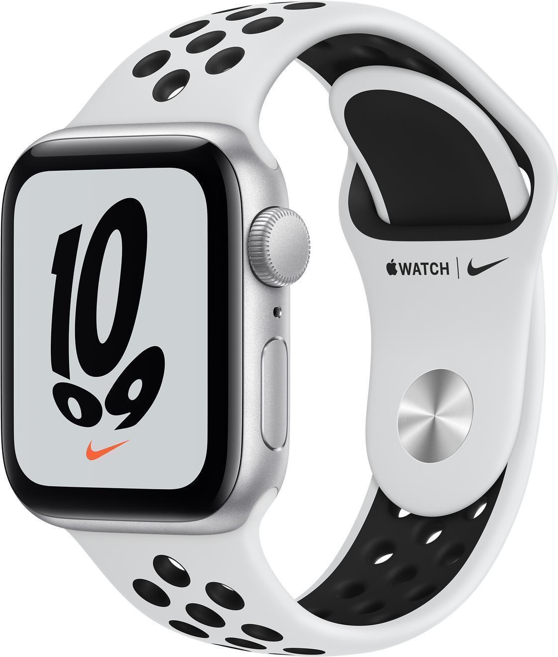 Купить Apple Watch Nike SE (GPS) - 40 mm - Aluminium, Silber - intelligente Uhr mit Nike Sportband - Flouroelastomer - pures Platin/schwarz - Bandgröße: S/M/L - 32 GB - Wi-Fi, Bluetooth - 30.49 g (MKQ23FD/A) в магазине wardena.ru