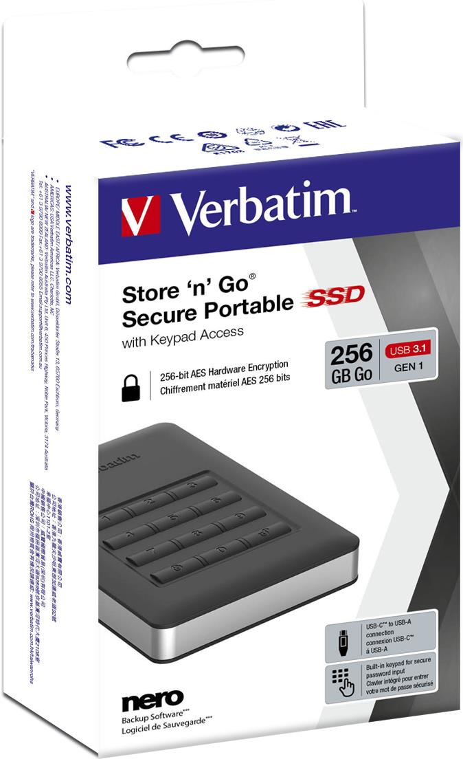 Купить Verbatim Store 'n' Go Portable - SSD - verschlüsselt - 256 GB - extern (tragbar) - USB 3.1 Gen 1 (USB-C Steckverbinder) - 256-Bit-AES (53402) в магазине wardena.ru