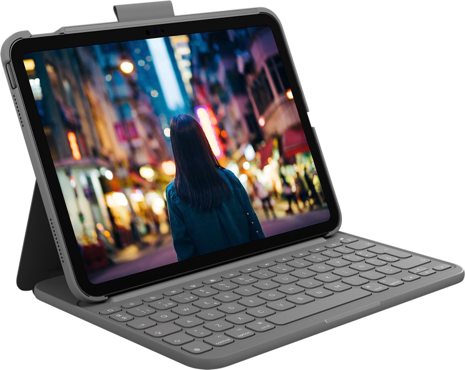 Купить Logitech Slim Folio - Tastatur und Foliohülle - kabellos - Bluetooth LE - QWERTY - Spanisch - Oxford Gray - für Apple 10.2"  iPad Wi-Fi, 10.5"  iPad Pro Wi-Fi, 10.9"  iPad Wi-Fi, iPad Air Wi-Fi (920-011426) в магазине wardena.ru