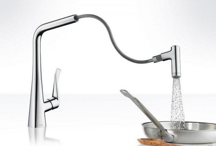 Купить Hansgrohe Metris Select M71 Кухонный смеситель однорычажный 320 с вытяжным изливом 1jet сталь 14884800 в магазине wardena.ru