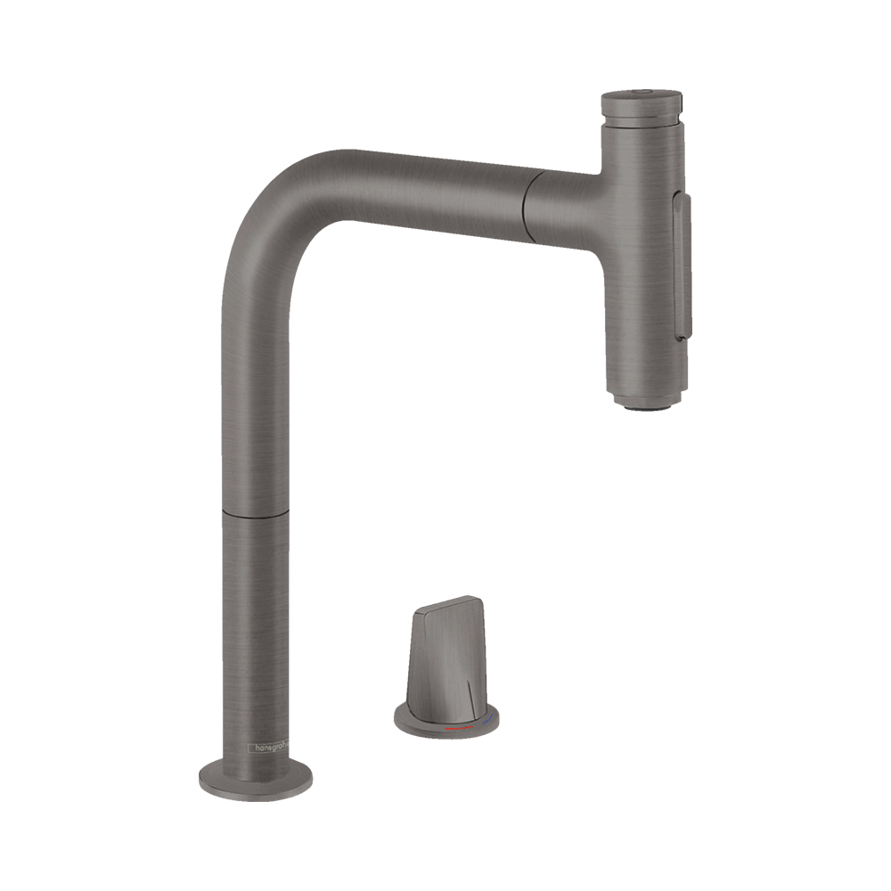 Купить Hansgrohe Metris Select M71 Кухонный смеситель на 2 отверстия однорычажный 200 с вытяжным душем 2jet sBox сталь 73818800 в магазине wardena.ru