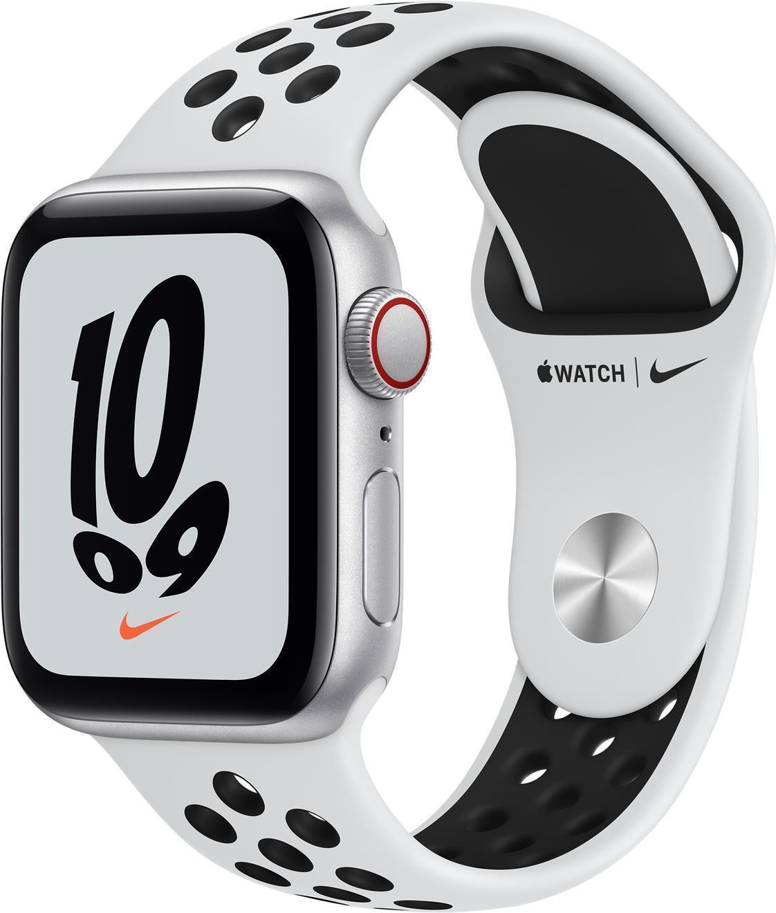 Купить Apple Watch Nike SE (GPS + Cellular) - 40 mm - Aluminium, Silber - intelligente Uhr mit Nike Sportband - Flouroelastomer - pures Platin/schwarz - Bandgröße: S/M/L - 32 GB - Wi-Fi, Bluetooth - 4G - 30.68 g (MKR43FD/A) в магазине wardena.ru