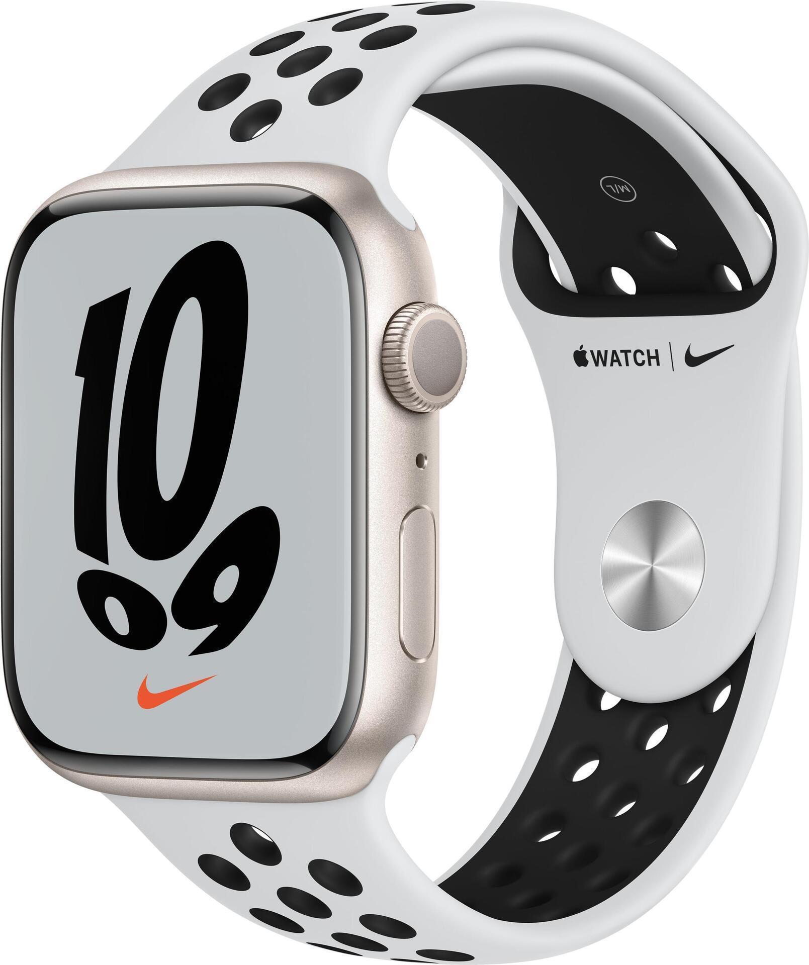 Купить Apple Watch Nike Series 7 (GPS) - 45 mm - Starlight Aluminium - intelligente Uhr mit Nike Sportband - Flouroelastomer - pures Platin/schwarz - Bandgröße: S/M/L - 32 GB - Wi-Fi, Bluetooth - 38.8 g (MKNA3FD/A) в магазине wardena.ru