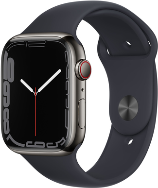 Купить Apple Watch Series 7 (GPS + Cellular) - 45 mm - Graphite Stainless Steel - intelligente Uhr mit Sportband - Flouroelastomer - Midnight - Bandgröße: regelmäßig - 32 GB - Wi-Fi, Bluetooth - 4G - 51.5 g (MNAX3FD/A) в магазине wardena.ru