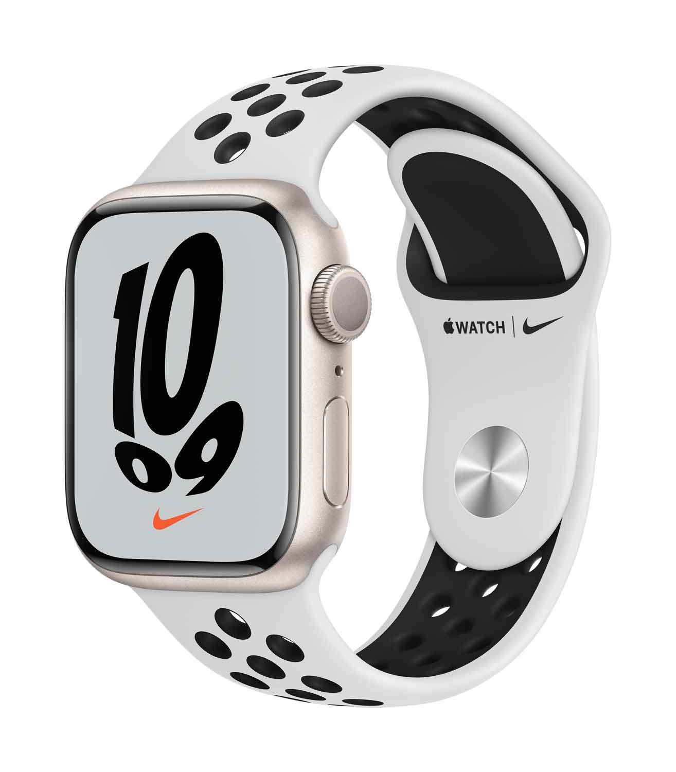 Купить Apple Watch Nike Series 7 (GPS) - 41 mm - Starlight Aluminium - intelligente Uhr mit Nike Sportband - Flouroelastomer - pures Platin/schwarz - Bandgröße: S/M/L - 32 GB - Wi-Fi, Bluetooth - 32 g (MKN33FD/A) в магазине wardena.ru