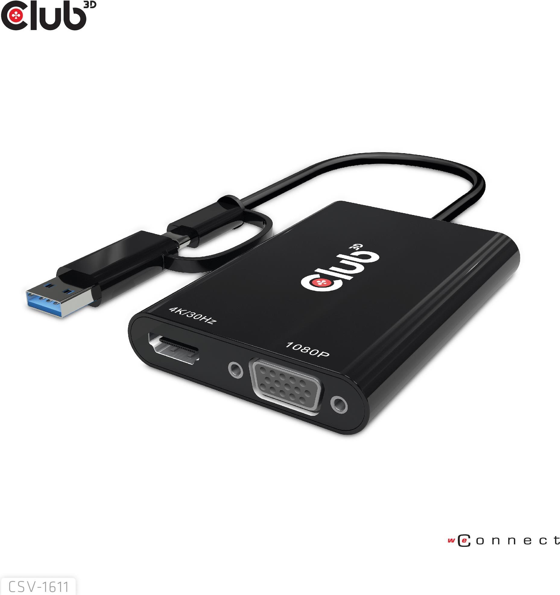 Купить Club 3D - Videoadapter - USB Typ A, USB-C (M) zu HD-15 (VGA), HDMI (W) - Zweibildschirmbetrieb, 4K30Hz (3840 x 2160) Support (HDMI), 1080p-Unterstützung, 60 Hz (VGA) (CSV-1611) в магазине wardena.ru
