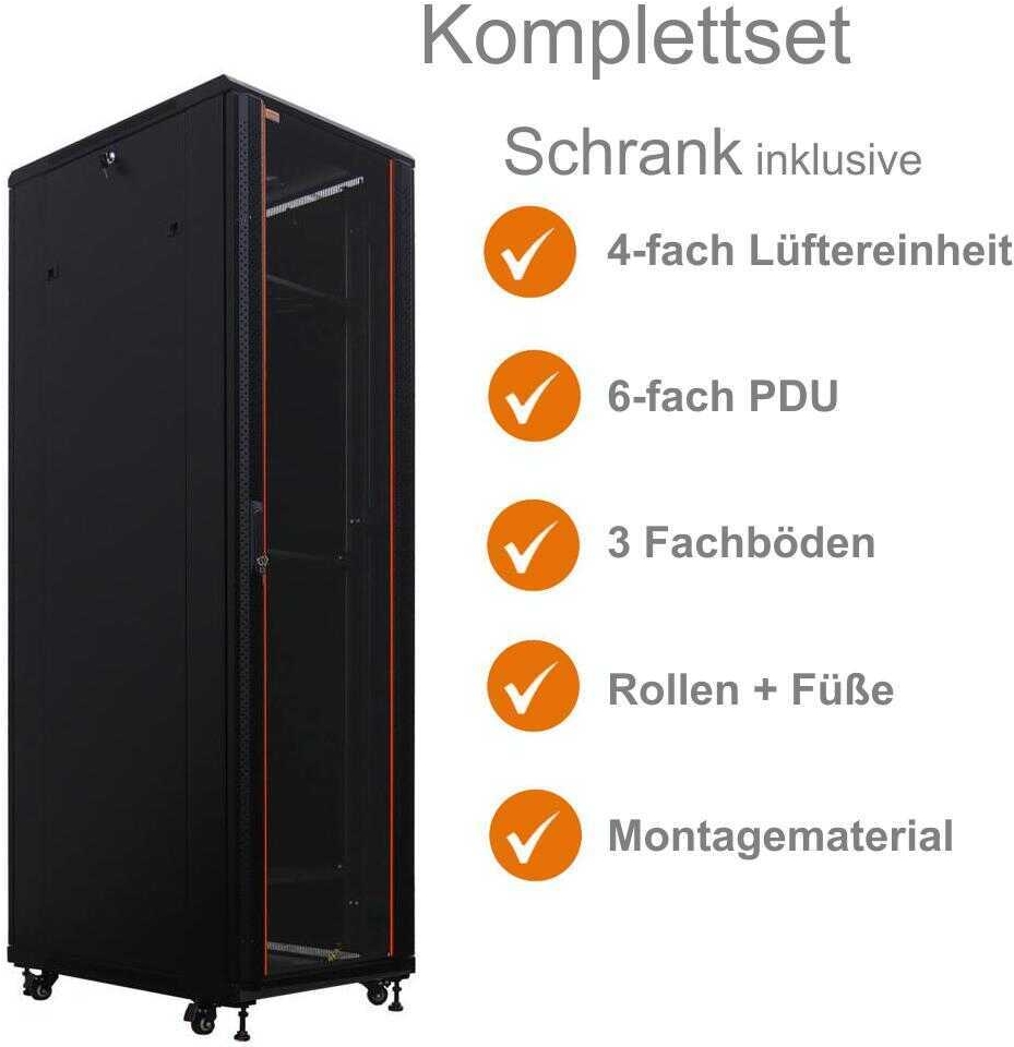 Купить IT-BUDGET 19"-Netzwerkschrank SRK - Komplettset - 42 HE - BxT 600x800 mm - Sicht-/Vollblechtür - 4 Aktiv-Lüfter - PDU - Fachböden - Flatpack - schwarz (90ITB19SRK4268GS) в магазине wardena.ru