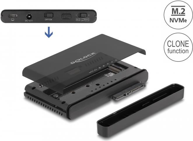 Купить Delock - Speicher-Controller mit One-Touch-Klonen - 2.5" / 3.5" gemeinsam genutzt, M.2 (6,4 cm/8,9 cm gemeinsam genutzt) - M.2 NVMe Card / SATA 6Gb/s - USB 3,2 (Gen 2) - Schwarz (64190) в магазине wardena.ru