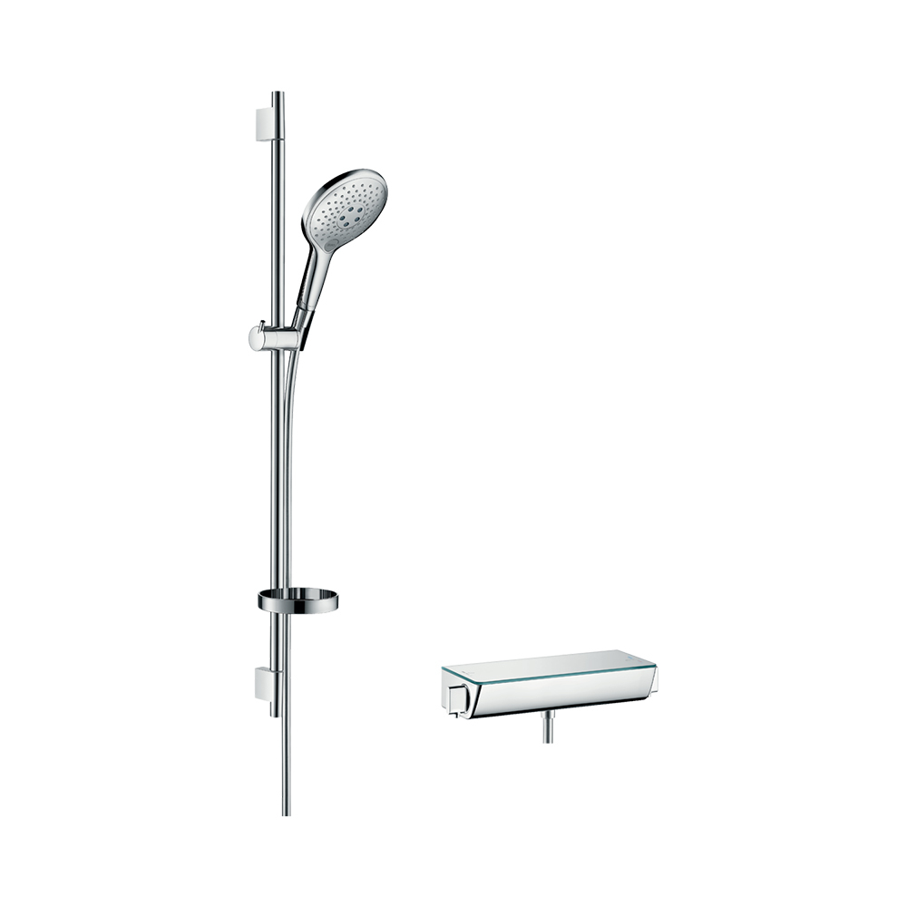 Купить Hansgrohe Raindance Select S Душевая система внешнего монтажа 150 с термостатом Ecostat Select и штангой 90 см хром-белый матовый 27037400 в магазине wardena.ru