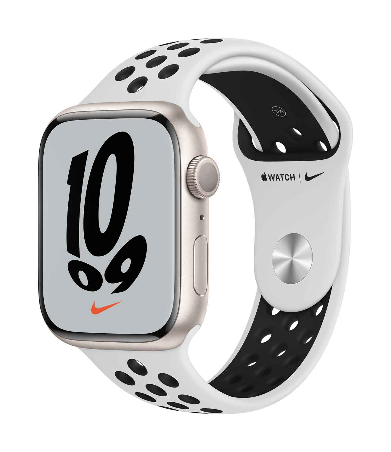 Купить Apple Watch Nike Series 7 (GPS) - 45 mm - Starlight Aluminium - intelligente Uhr mit Nike Sportband - Flouroelastomer - pures Platin/schwarz - Bandgröße: S/M/L - 32 GB - Wi-Fi, Bluetooth - 38.8 g (MKNA3FD/A) в магазине wardena.ru