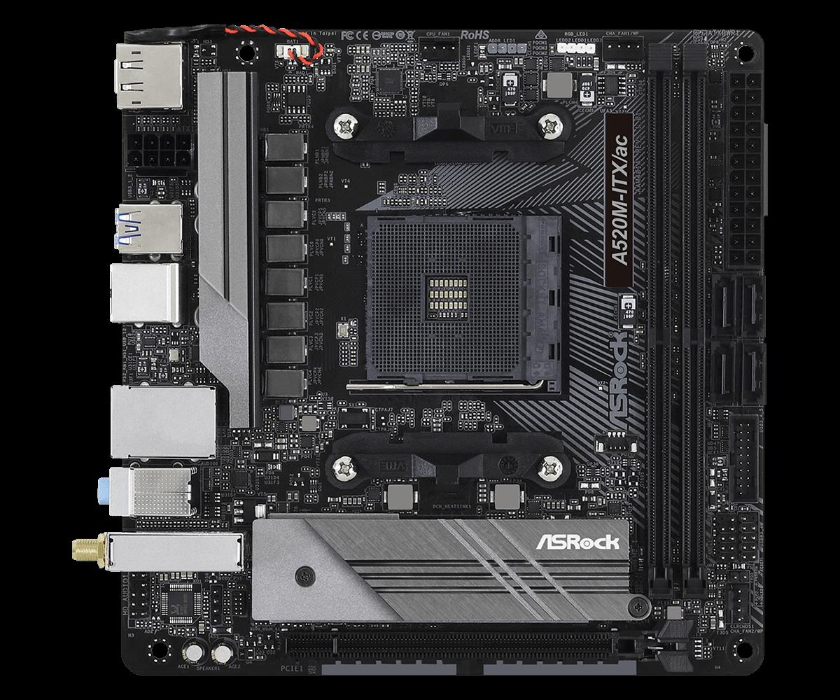 Купить ASRock A520M-ITX/ac - Motherboard - Mini-ITX - Socket AM4 - AMD A520 - USB-C Gen1, USB 3,2 Gen 1 - Gigabit LAN, Wi-Fi, Bluetooth - Onboard-Grafik (CPU erforderlich) - HD Audio (8-Kanal) (90-MXBDG0-A0UAYZ) в магазине wardena.ru