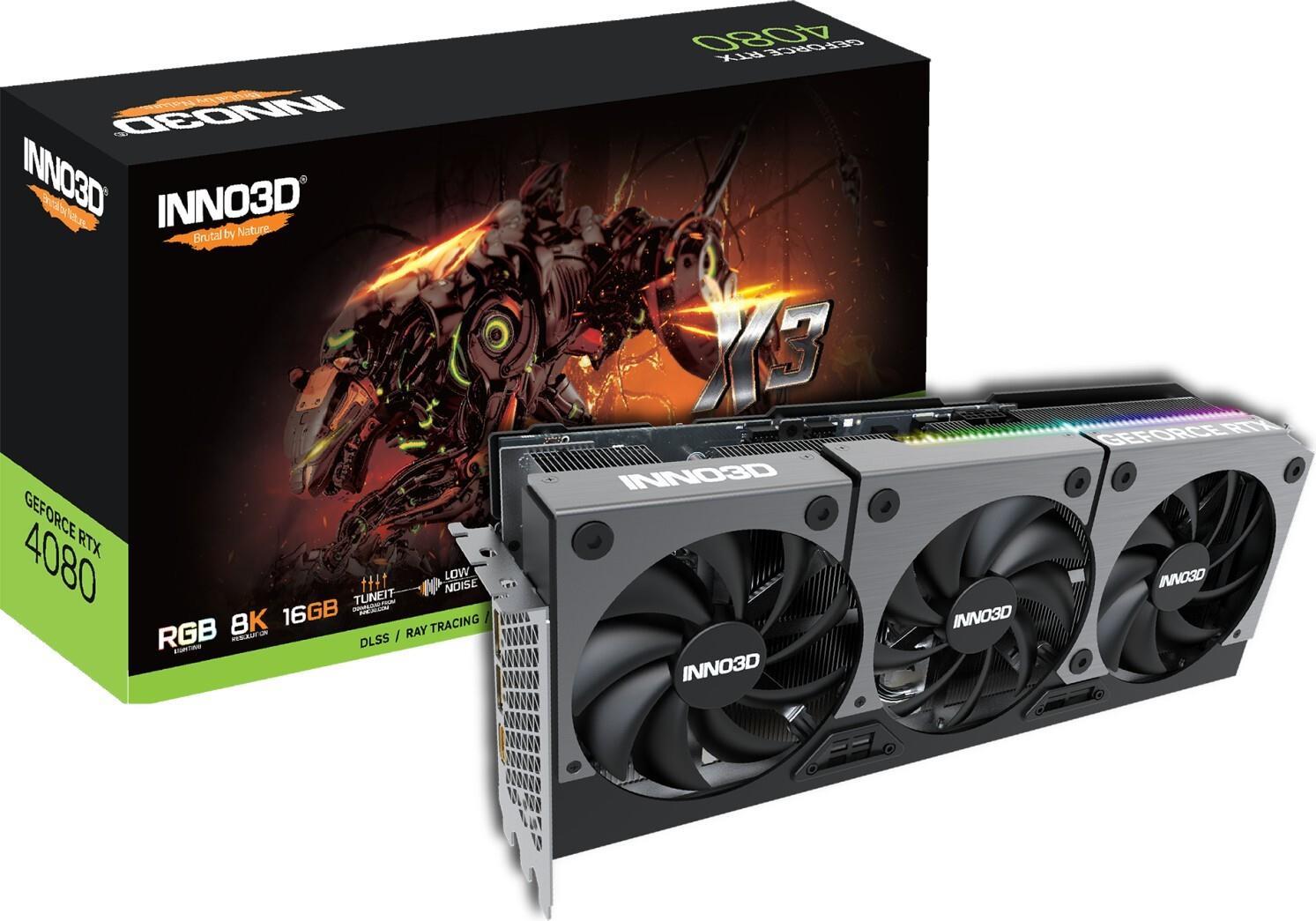 Купить InnoVISION Inno3D GeForce RTX 4080 X3 - Grafikkarten - GeForce RTX 4080 - 16GB GDDR6X - PCIe 4,0 x16 - HDMI, 3 x DisplayPort (N40803-166X-187049N) в магазине wardena.ru