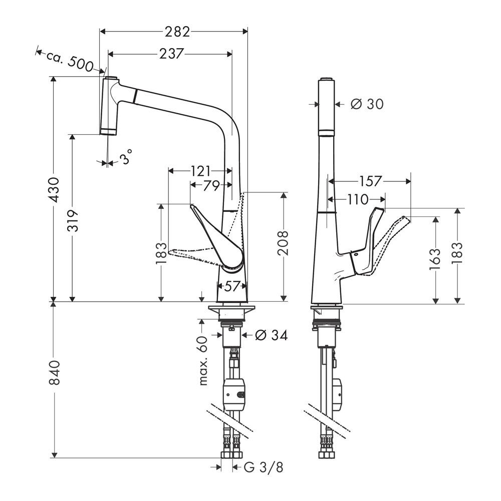 Купить Hansgrohe Metris M71 Кухонный смеситель однорычажный, 320, Eco, с вытяжным душем, 2jet сталь 14780800 в магазине wardena.ru