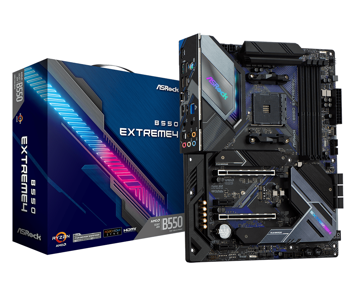 Купить ASRock B550 Extreme4 - Motherboard - ATX - Socket AM4 - AMD B550 - USB-C Gen2, USB-C Gen1, USB 3.2 Gen 1, USB 3.2 Gen 2 - 2.5 Gigabit LAN - Onboard-Grafik (CPU erforderlich) - HD Audio (8-Kanal) (90-MXBDE0-A0UAYZ) в магазине wardena.ru