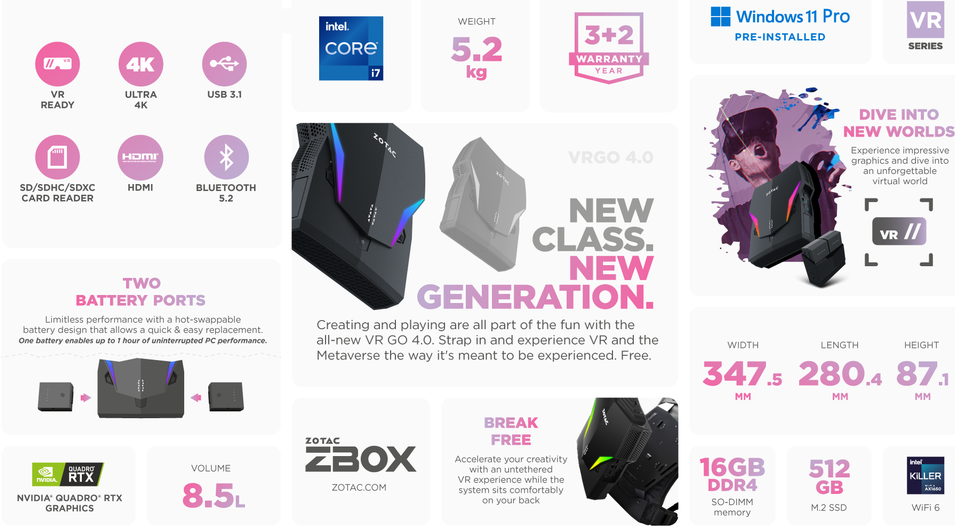 Купить ZOTAC VR GO 4,0 - Rucksack PC - Core i7 11800H / 2,3 GHz - RAM 16GB - SSD 512GB - RTX A4500 - GigE, Bluetooth 5,2 - WLAN: 802,11a/b/g/n/ac/ax, Bluetooth 5,2 - Win 11 Pro - Monitor: keiner (ZBOX-VR7N4500-BE-W5C) в магазине wardena.ru