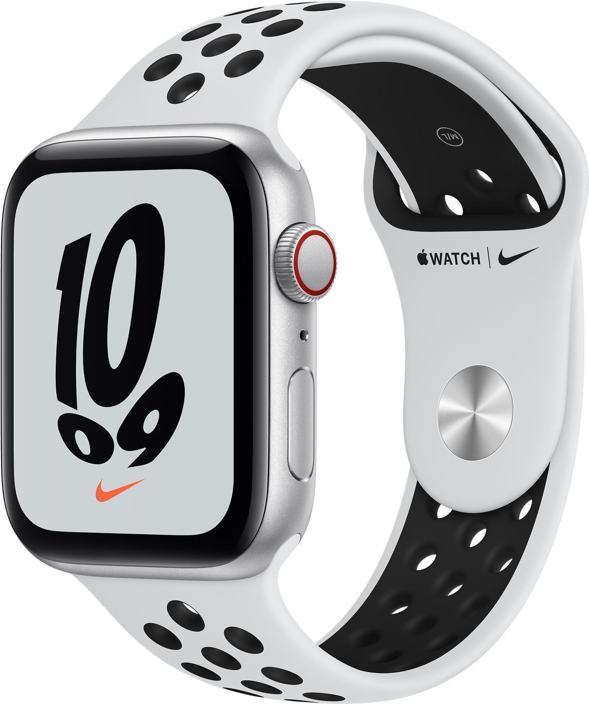 Купить Apple Watch Nike SE (GPS + Cellular) - 44 mm - Aluminium, Silber - intelligente Uhr mit Nike Sportband - Flouroelastomer - pures Platin/schwarz - Bandgröße: S/M/L - 32GB - Wi-Fi, Bluetooth - 4G - 36,36 g (MKT63FD/A) в магазине wardena.ru