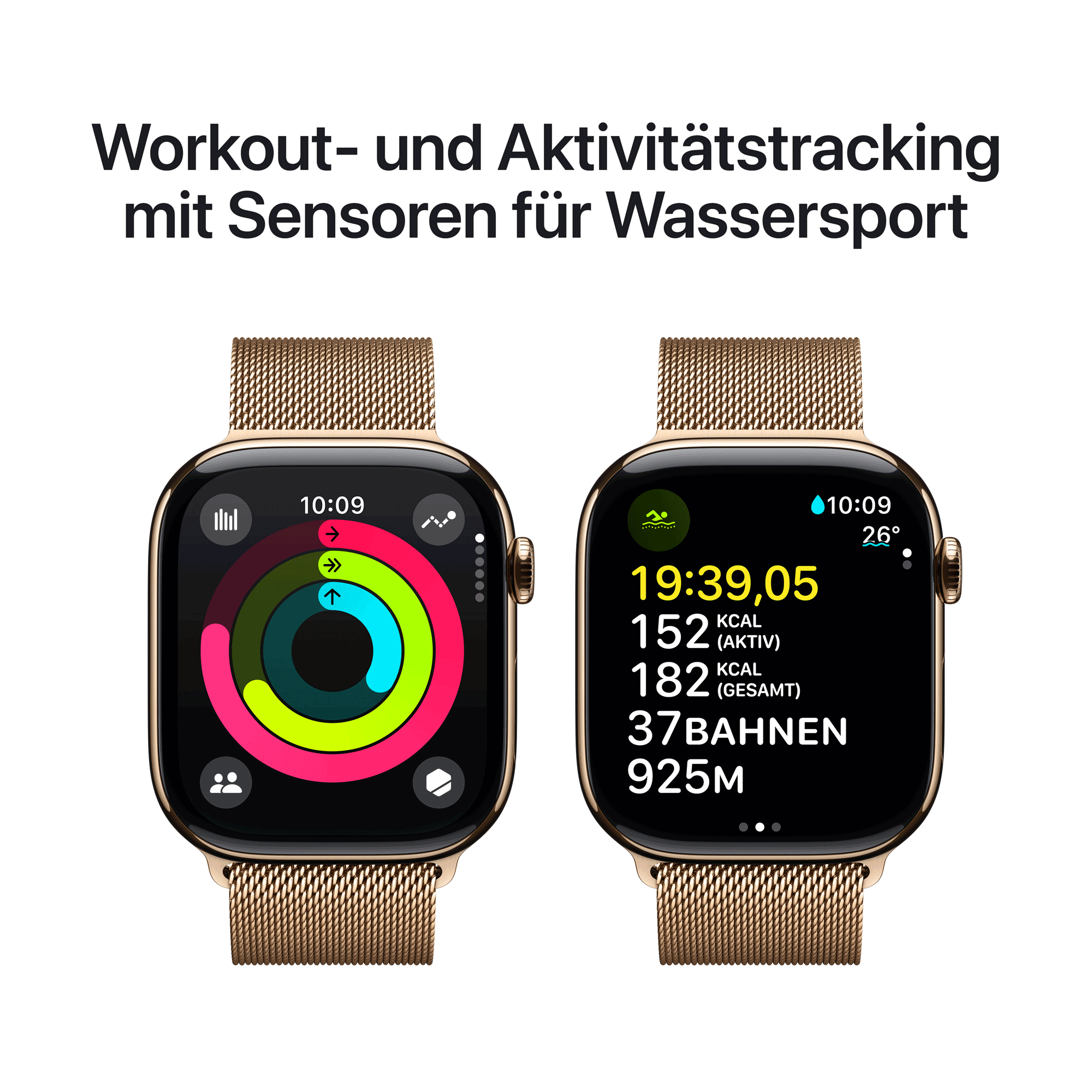 Купить Apple Watch Series 10 GPS + Cellular 46mm Gold Titanium Case mit Gold Milanese Band - S/M (MC7T4QF/A) в магазине wardena.ru