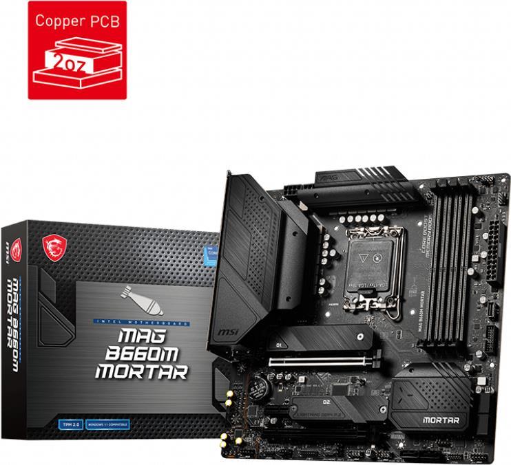 Купить MSI MAG B660M MORTAR - Motherboard - micro ATX - LGA1700-Sockel - B660 Chipsatz - USB-C Gen2, USB 3.2 Gen 1, USB 3.2 Gen 2, USB-C Gen 2x2 - 2.5 Gigabit LAN - Onboard-Grafik (CPU erforderlich) - HD Audio (8-Kanal) (7D42-013R) в магазине wardena.ru