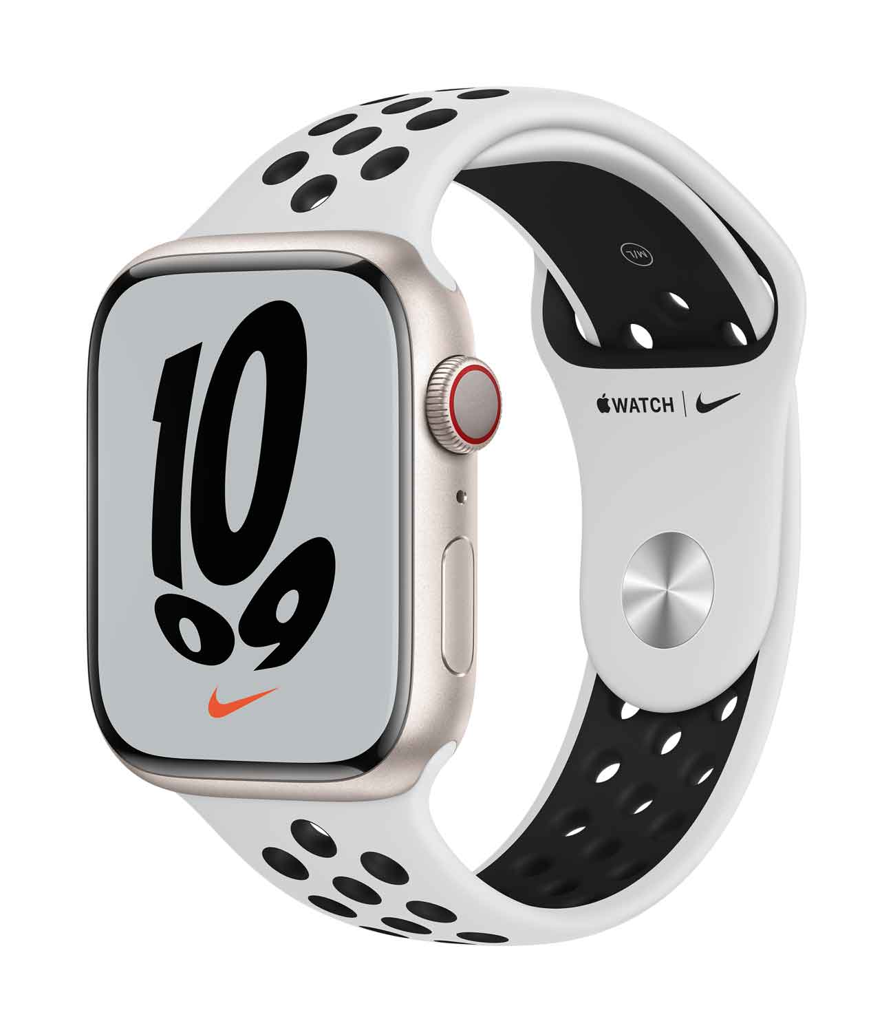 Купить Apple Watch Nike Series 7 (GPS + Cellular) - 45 mm - Starlight Aluminium - intelligente Uhr mit Nike Sportband - Flouroelastomer - pures Platin/schwarz - Bandgröße: S/M/L - 32 GB - Wi-Fi, Bluetooth - 4G - 38.8 g (MKL43FD/A) в магазине wardena.ru