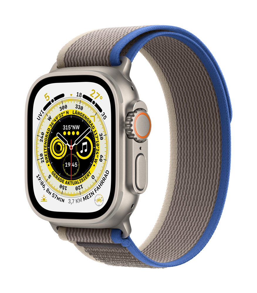 Купить Apple Watch Ultra - 49 mm - Titan - intelligente Uhr mit Trail Loop - soft double-layer nylon - blue/gray - Bandgröße: M/L - 32 GB - Wi-Fi, LTE, UWB, Bluetooth - 4G - 61.3 g (MQFV3FD/A) в магазине wardena.ru