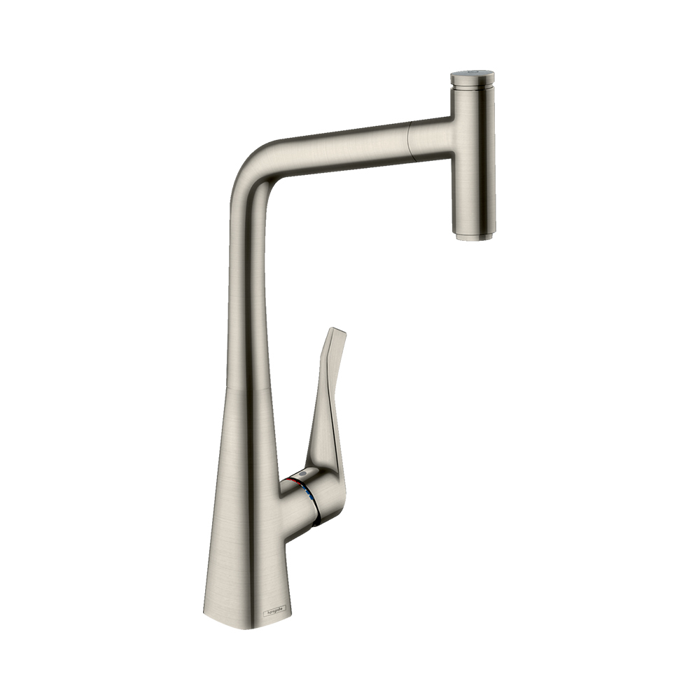 Купить Hansgrohe Metris Select M71 Кухонный смеситель однорычажный 320 с вытяжным изливом 1jet sBox сталь 73803800 в магазине wardena.ru