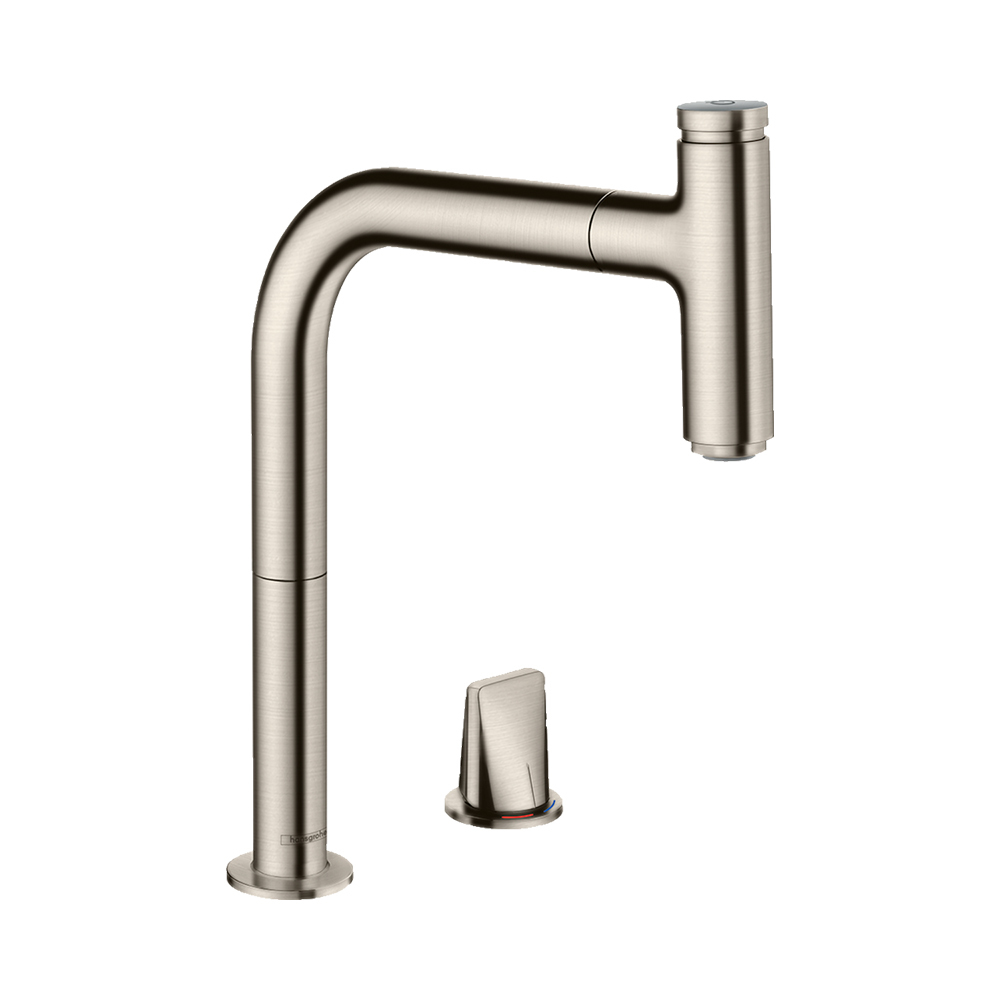 Купить Hansgrohe Metris Select M71 Кухонный смеситель на 2 отверстия однорычажный 200 с вытяжным изливом 1jet sBox сталь 73804800 в магазине wardena.ru