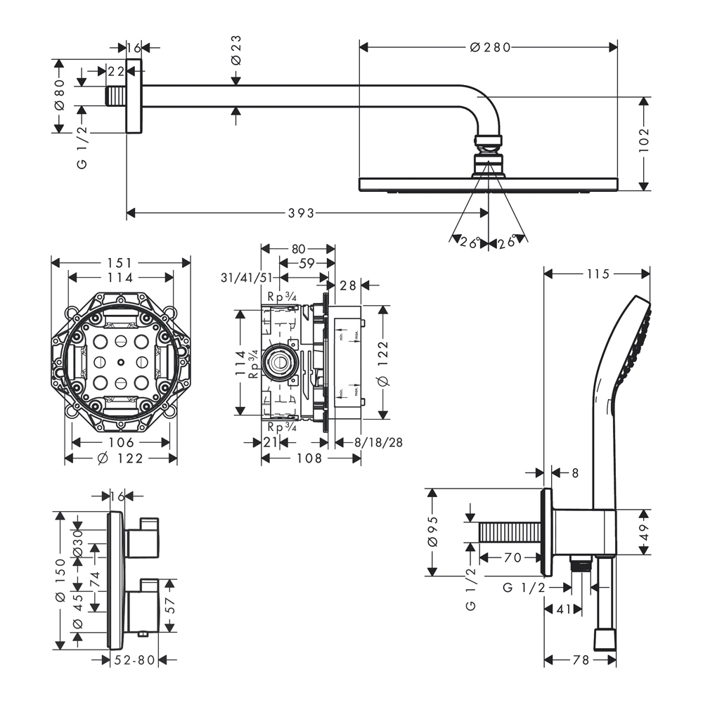 Купить Hansgrohe Croma Душевая система скрытого монтажа 280 1jet с Ecostat S хром 27954000 в магазине wardena.ru