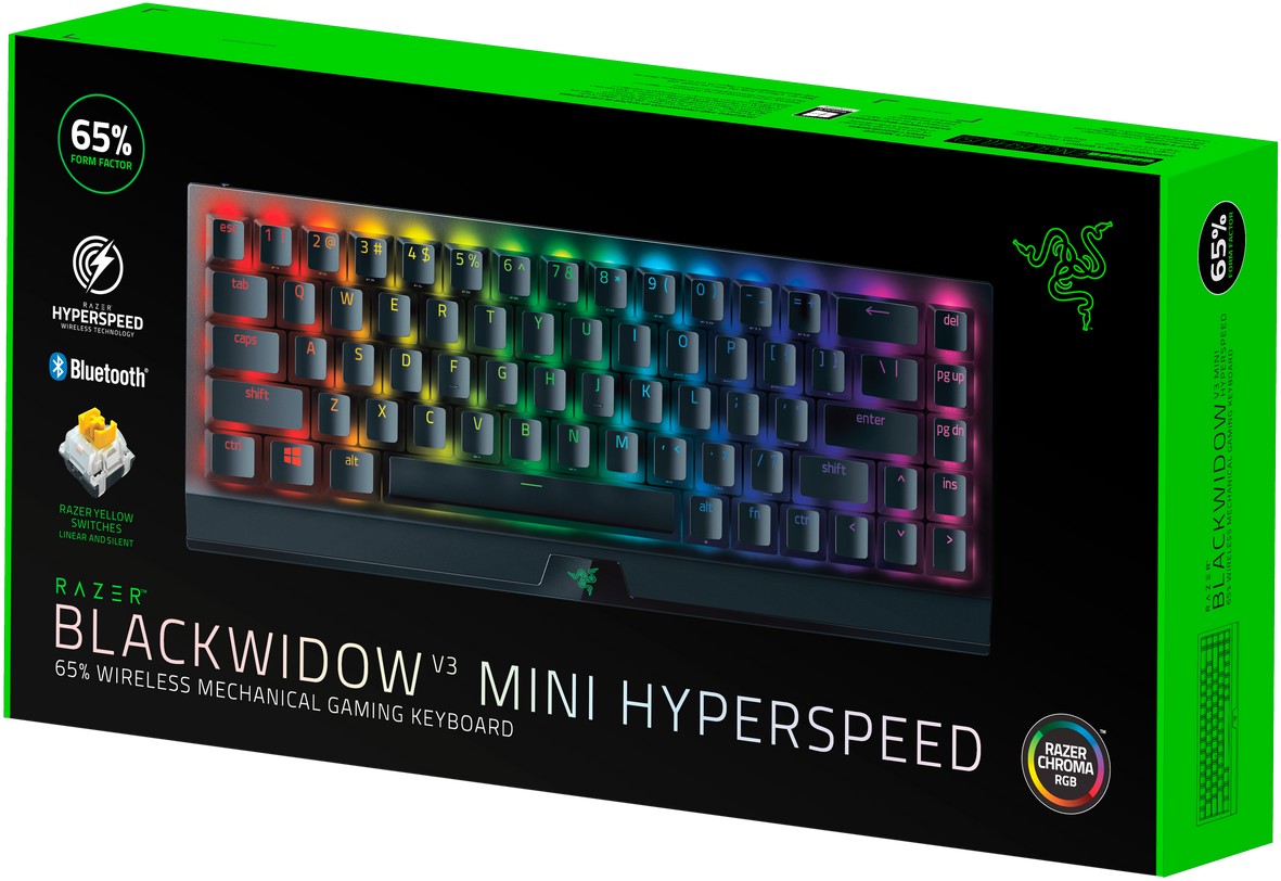 Купить Razer BlackWidow V3 Mini HyperSpeed - Tastatur - Hintergrundbeleuchtung - Bluetooth, 2,4 GHz, USB-C - QWERTZ - Deutsch - Tastenschalter: Razer Yellow - Schwarz (RZ03-03890400-R3G1) в магазине wardena.ru