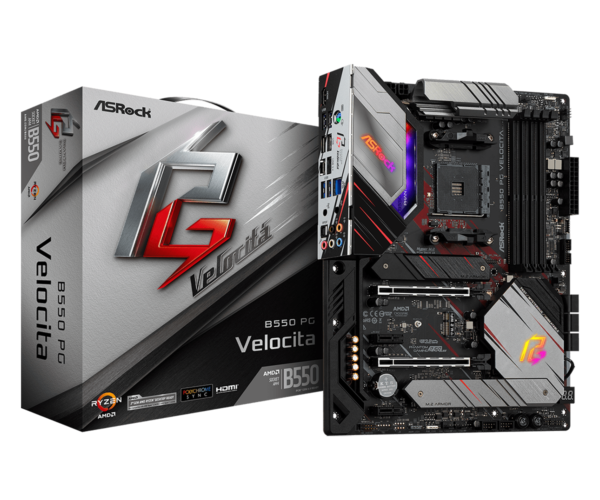 Купить ASRock B550 PG Velocita - Motherboard - ATX - Socket AM4 - AMD B550 - USB-C Gen2, USB 3.2 Gen 1, USB 3.2 Gen 2 - 2.5 Gigabit LAN - Onboard-Grafik (CPU erforderlich) - HD Audio (8-Kanal) (90-MXBD90-A0UAYZ) в магазине wardena.ru