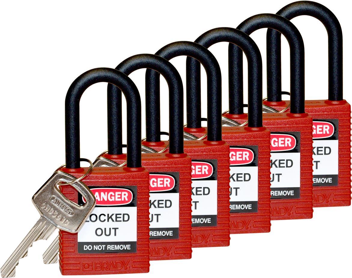 Купить Brady, Nylon-Sicherheitsschloss mit Nylonbügel, Rot, 38mm Bügelhöhe, 6,5mm Bügeldurchmesser (Keyed Different) ( 6er Pack) (813594) в магазине wardena.ru
