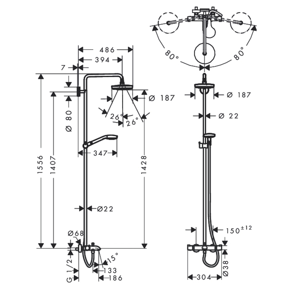 Купить Hansgrohe Croma Select S 180 2jet Showerpipe  душевая система хром-белый матовый 27351400 в магазине wardena.ru