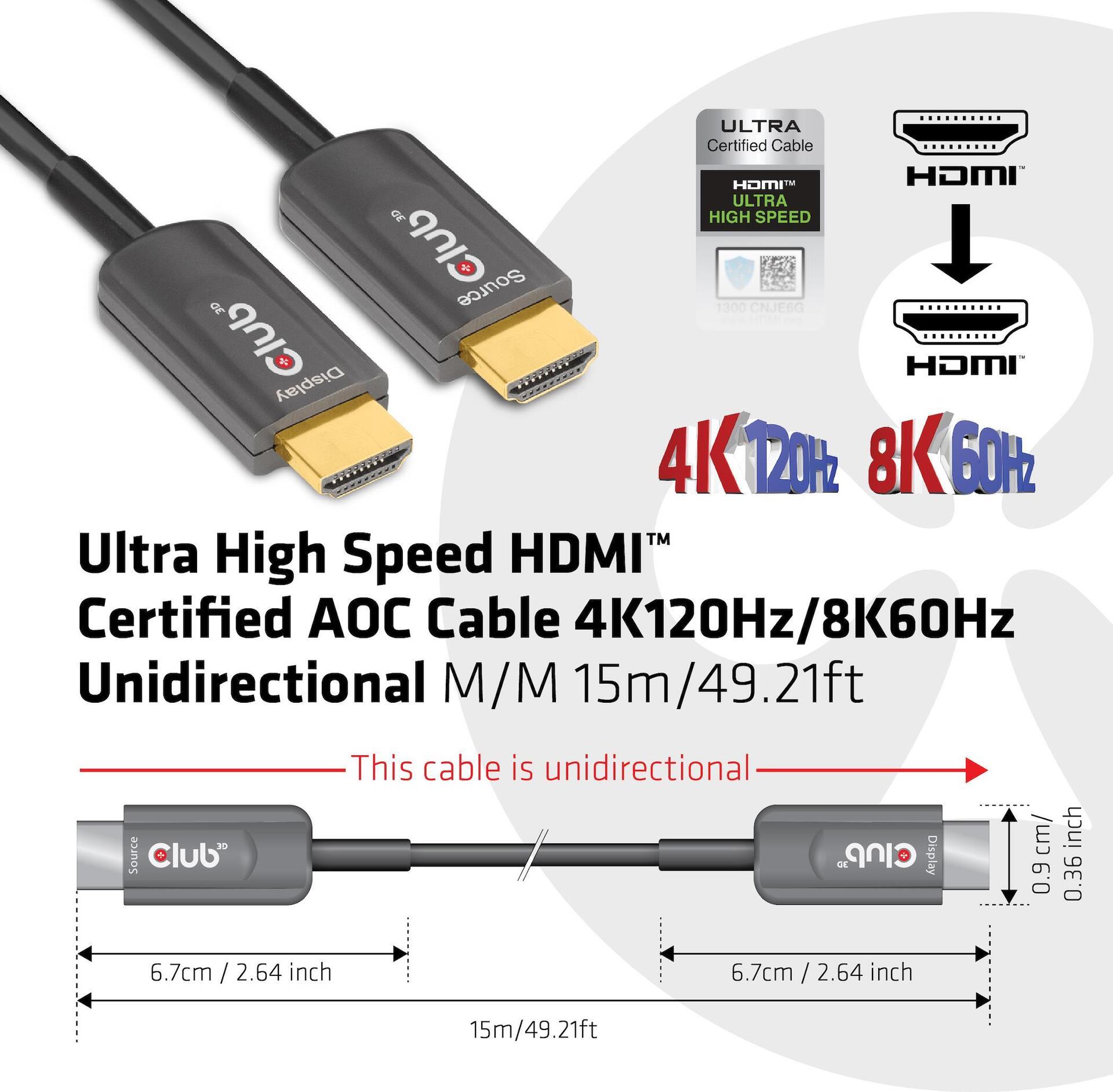 Купить Club 3D CAC-1377 - Ultra High Speed HDMI-Kabel - HDMI (M) bis HDMI (M) - 15 m - Glasfaser - Active Optical Cable (AOC), Support von 4K 120 Hz, Support von 8K 60 Hz, unidirektional в магазине wardena.ru