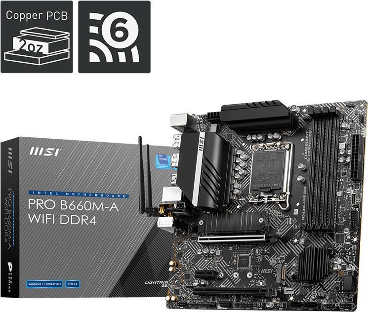 Купить MSI PRO B660M-A WIFI DDR4 - Motherboard - micro ATX - LGA1700-Sockel - B660 Chipsatz - USB-C Gen1, USB 3,2 Gen 1, USB 3,2 Gen 2 - 2,5 Gigabit LAN, Wi-Fi, Bluetooth - Onboard-Grafik (CPU erforderlich) - HD Audio (8-Kanal) (7D43-002R) в магазине wardena.ru